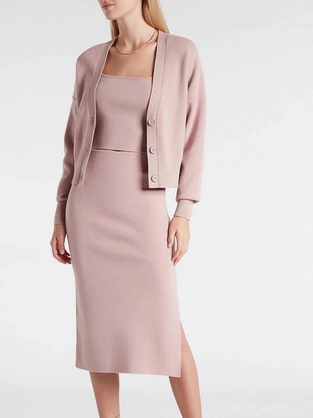 Express three-piece Knit Set (Cardigan, Tank Top, Skirt) in Blushing Mauve